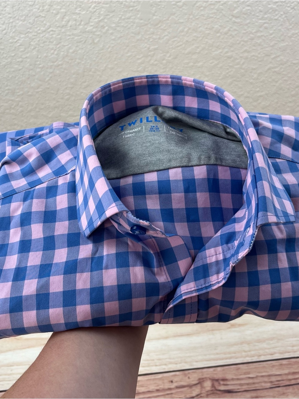 Twillory Performance Shirt Button Up Pink Blue Plaid Tailored Fit Size 16.5